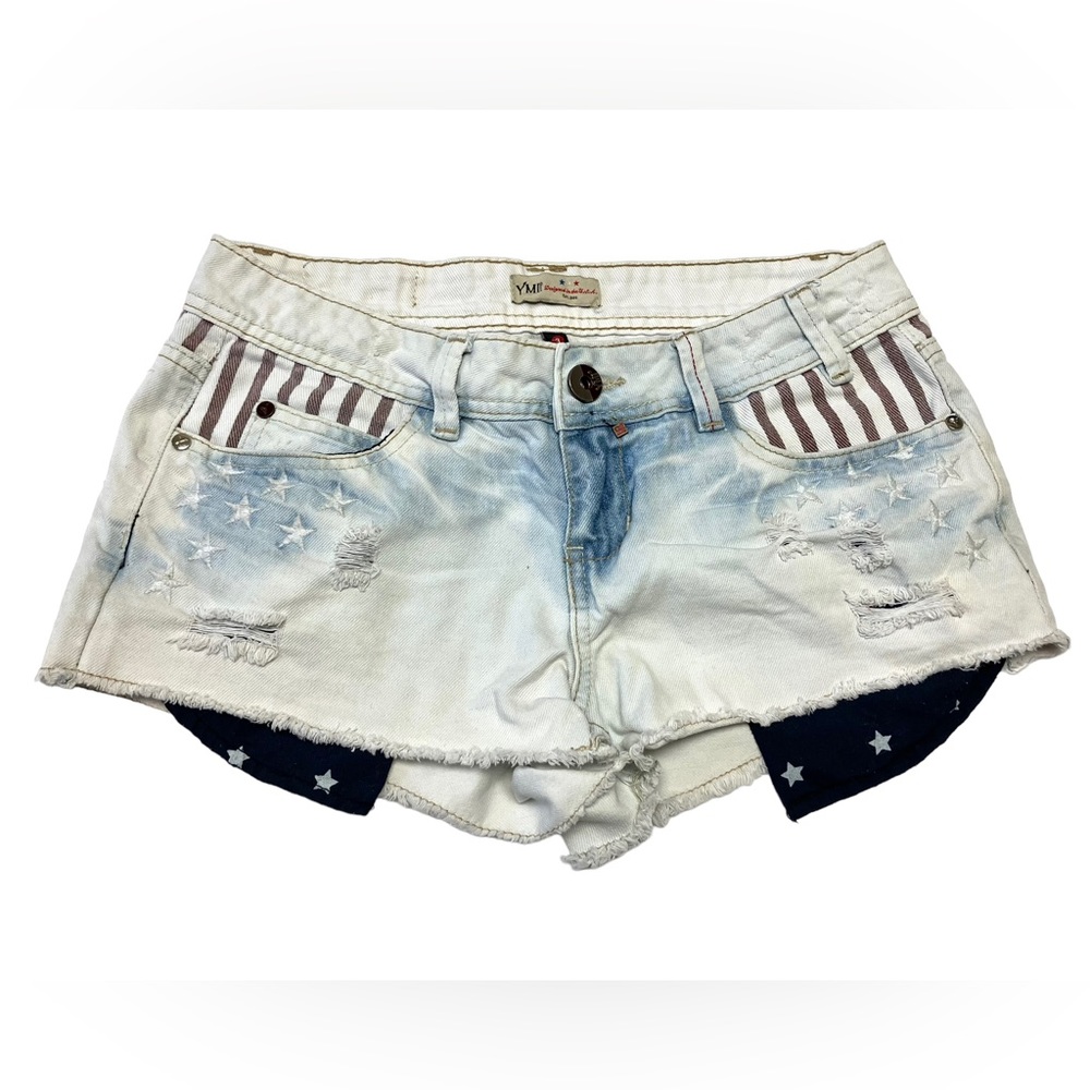 YMI Flag Short Shorts Denim Distressed Cut Offs Size 3 B24